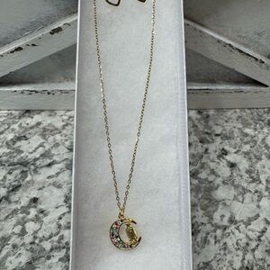 Stainless steel Gold Crescent Moon Necklace with Multicolor Stones